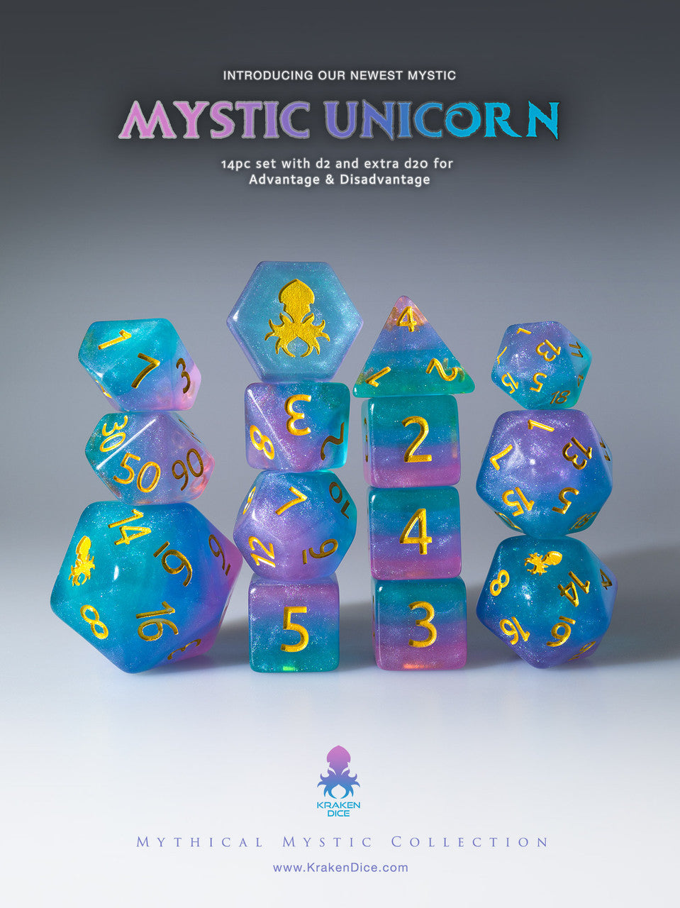 Mystic Unicorn 14pc Gold Ink Dice Set With Kraken Logo